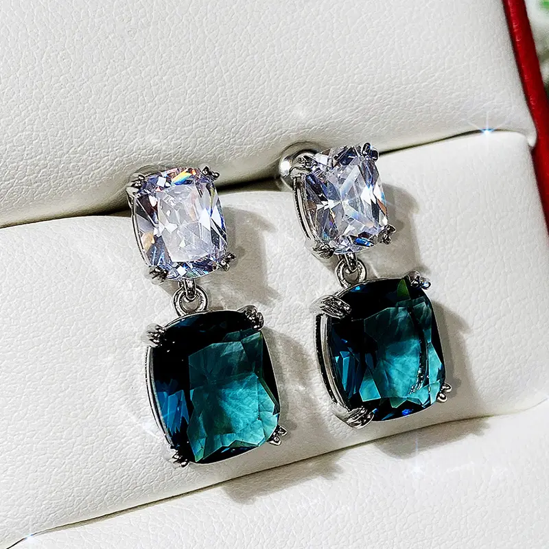 Huitan Blue/White Cubic Zirconia Dangle Earrings Brilliant Women's Accessories Silver Color Luxury Fashion Wedding Party Jewelry