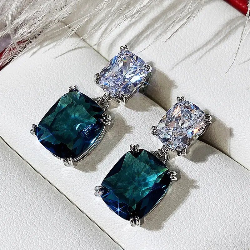 Huitan Blue/White Cubic Zirconia Dangle Earrings Brilliant Women's Accessories Silver Color Luxury Fashion Wedding Party Jewelry