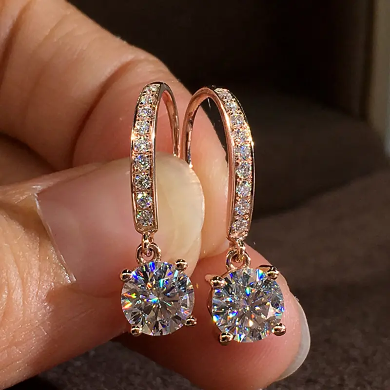Huitan Timeless Style Women's Dangle Earrings Luxury Rose Gold Color Ear Piercing Drop Earrings with CZ Wedding Eternity Jewelry