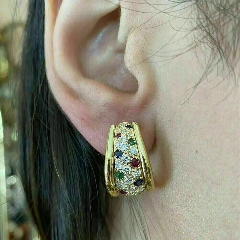 Huitan Novel Trendy Gold Color Hoop Earrings for Women Luxury Bright CZ Accessories for Wedding Party Aesthetic Gorgeous Jewelry