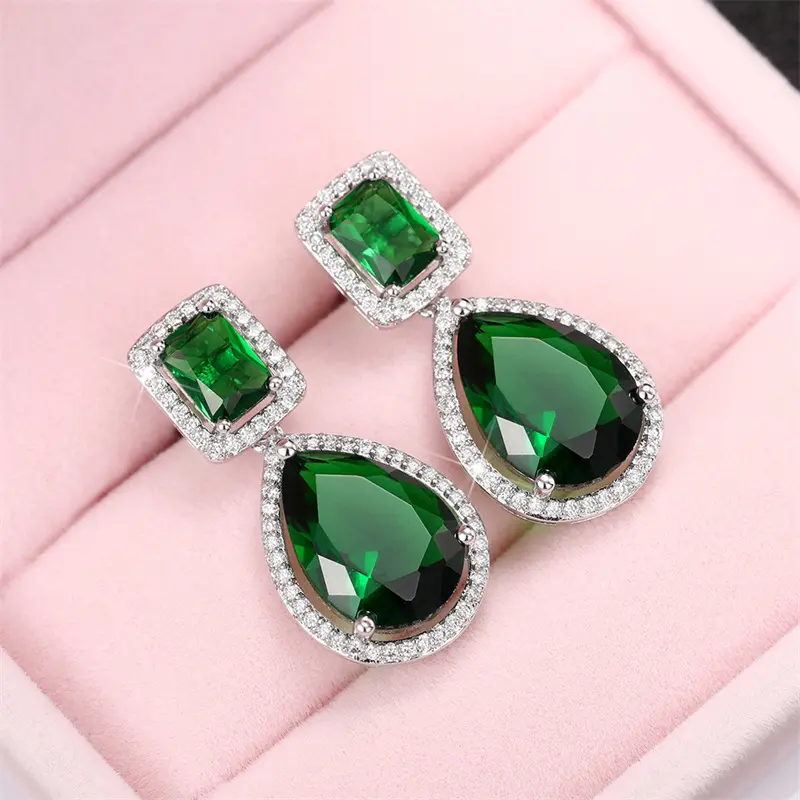 Huitan Luxury Silver Color White/Green CZ Dangle Earrings Engagement Wedding Accessories Women High Quality Silver Color Jewelry