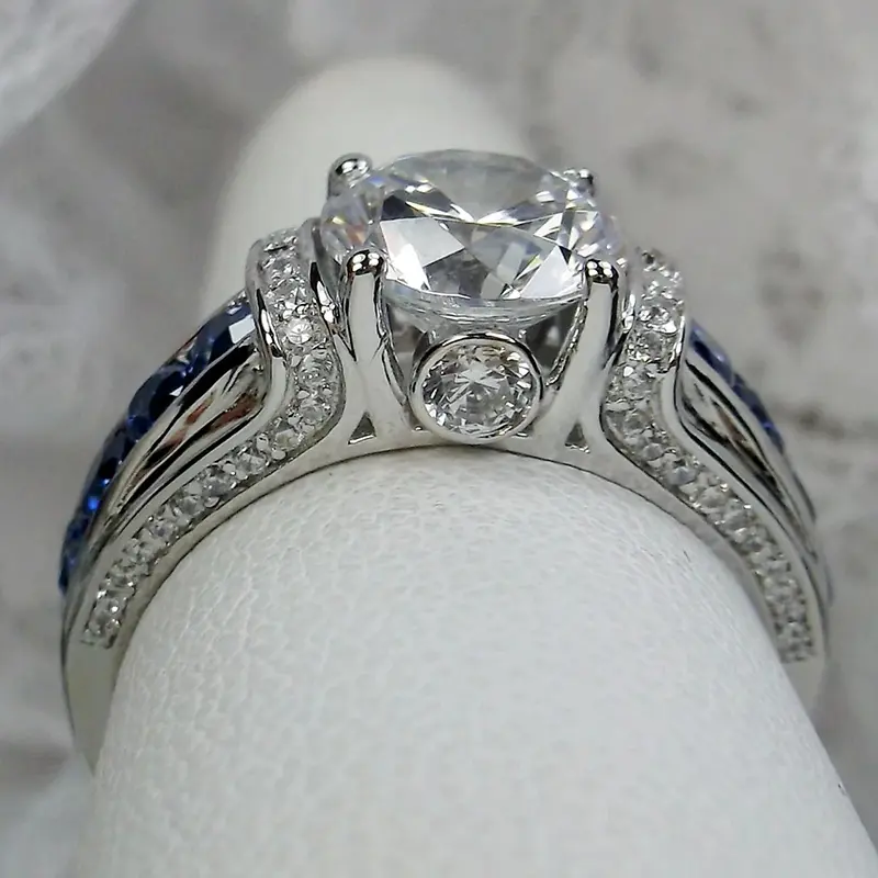 Huitan White/Dark Blue Cubic Zircon Female Rings Vintage Accessories for Wedding Anniversary Party Luxury Elegant Lady Jewelry