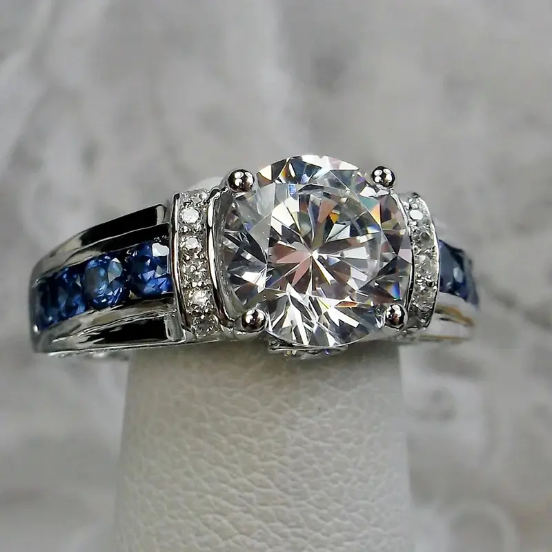Huitan White/Dark Blue Cubic Zircon Female Rings Vintage Accessories for Wedding Anniversary Party Luxury Elegant Lady Jewelry