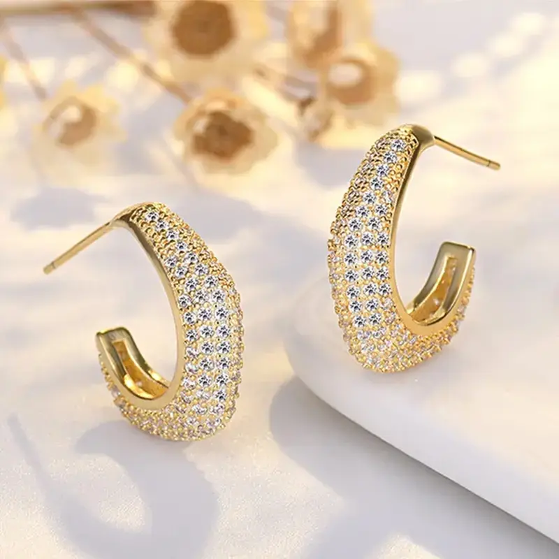 Huitan Sparkling Zirconia Hoop Earrings for Women Luxury Gold Color Daily Party Accessories Gorgeous Anniversary Jewelry Gifts