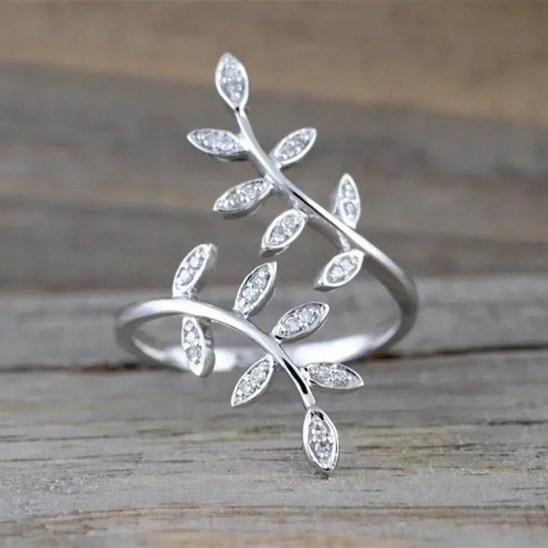 Huitan Trendy Leaf Opening Ring Female Engagement Party Accessories Brilliant Cubic Zirconia Adjustable Finger Jewelry for Women