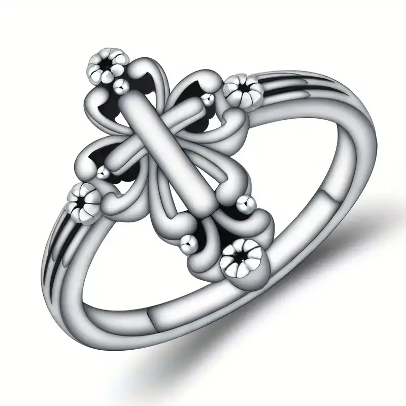 Huitan Religious Cross Finger Rings Women for Jesus Christ Antique Silver Color Simple Stylish Female Rings Jewelry Friend Gifts