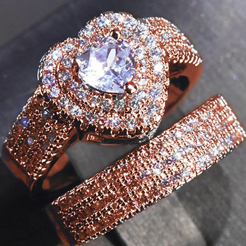 Huitan Eternity Love Women Rings Luxury 2Pcs/Set Cubic Zirconia Heart Rings Wedding Engagement Party Fashion Versatile Jewelry
