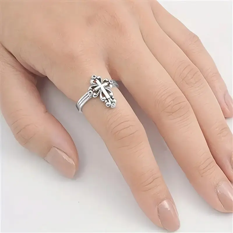 Huitan Religious Cross Finger Rings Women for Jesus Christ Antique Silver Color Simple Stylish Female Rings Jewelry Friend Gifts