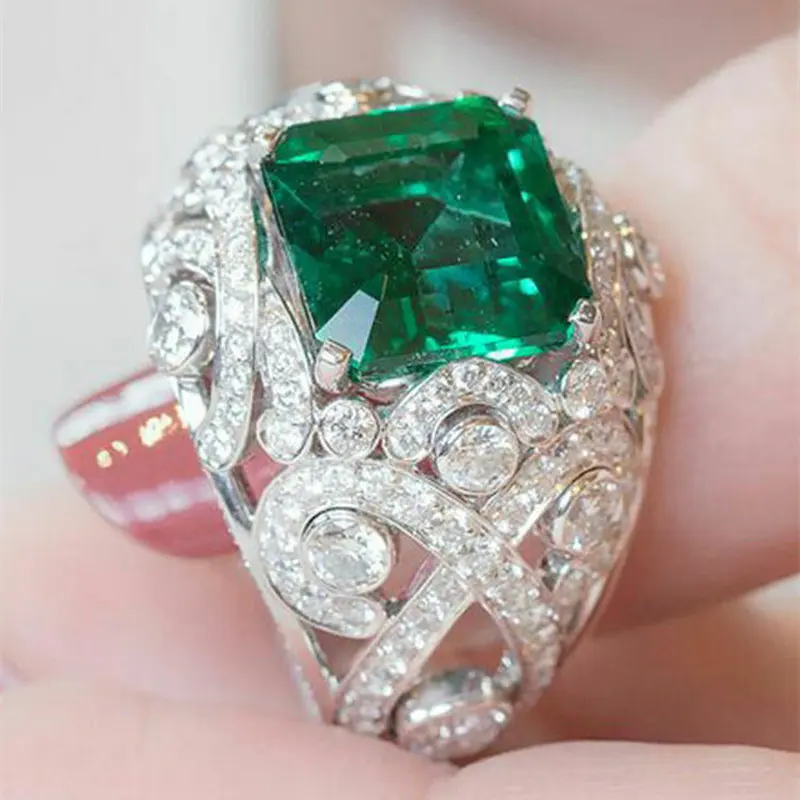 Huitan Elegant Lady's Rings for Wedding Anniversary Party Full Bling Iced Out Green CZ Rings Silver Color Mom's Gift New Jewelry