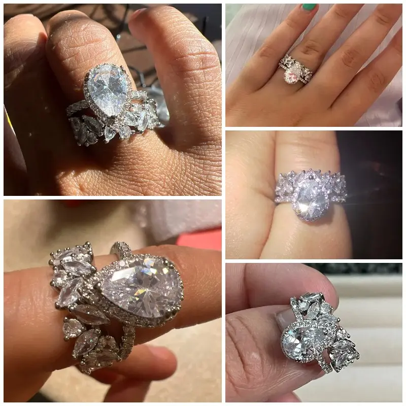 Huitan Fashion 2Pcs/Set Women Rings with Dazzling Cubic Zirconia Romantic Teardrop CZ Ring Wedding Engage Party Lady's Jewelry