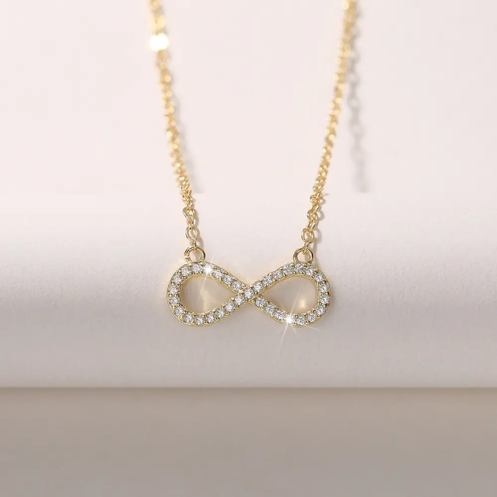 Huitan Simple Infinity Shape Pendant Necklace Women Inlaid Shiny CZ Stone Fancy Figure 8 Clavicle Chain Necklace Wedding Jewelry