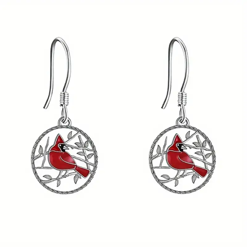 Huitan Chic Red Bird Pendant Earrings for Women Vintage Style Silver Color Accessories for Anniversary Party Funny Jewelry Gifts