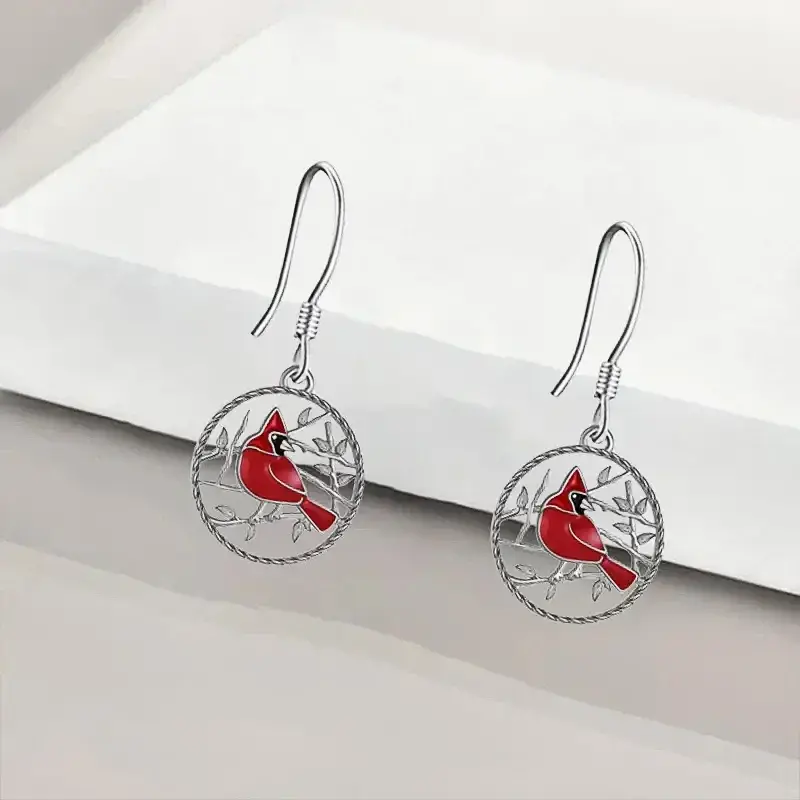Huitan Chic Red Bird Pendant Earrings for Women Vintage Style Silver Color Accessories for Anniversary Party Funny Jewelry Gifts