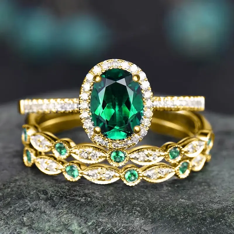 Huitan Luxury Bright Green Zirconia Ring Female 3Pcs Set Finger Accessories for Anniversary Party Gorgeous Jewelry for Party