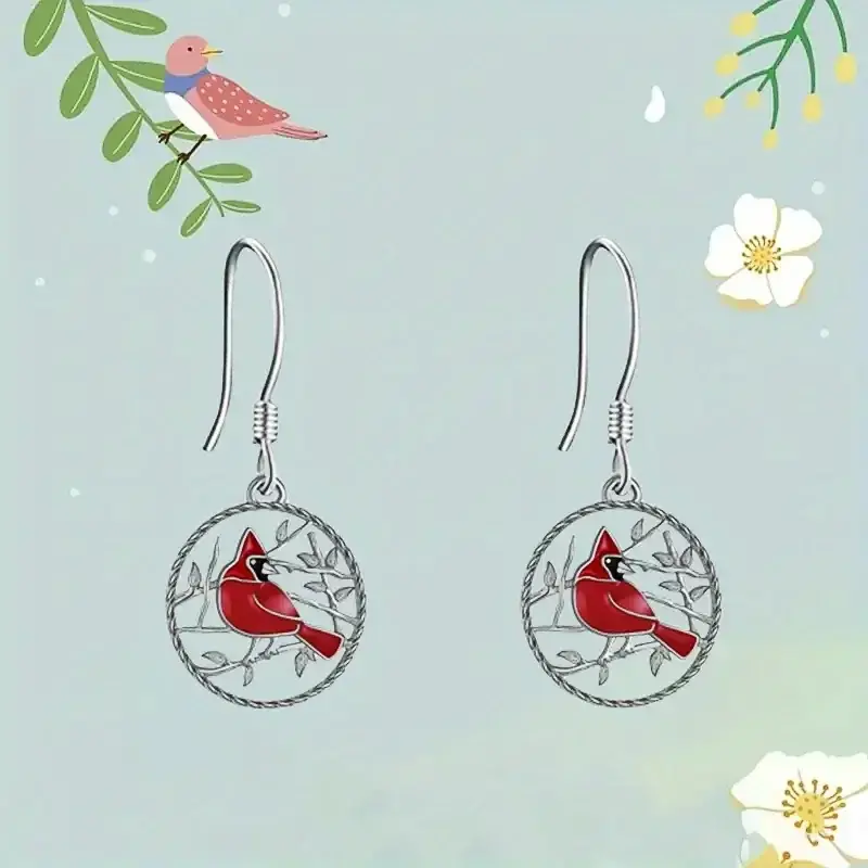 Huitan Chic Red Bird Pendant Earrings for Women Vintage Style Silver Color Accessories for Anniversary Party Funny Jewelry Gifts