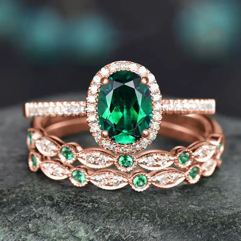 Huitan Luxury Bright Green Zirconia Ring Female 3Pcs Set Finger Accessories for Anniversary Party Gorgeous Jewelry for Party