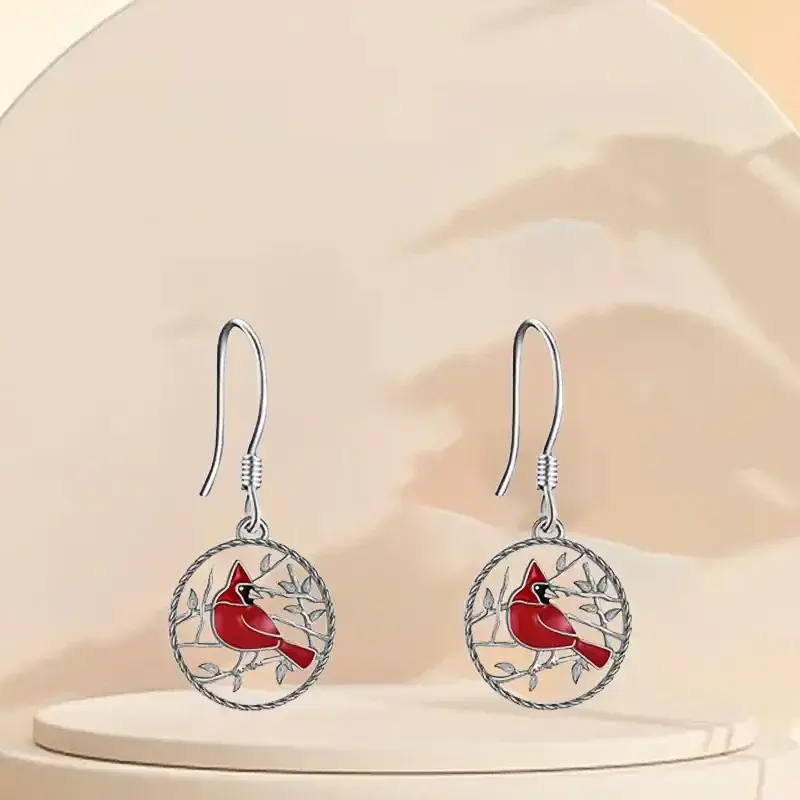 Huitan Chic Red Bird Pendant Earrings for Women Vintage Style Silver Color Accessories for Anniversary Party Funny Jewelry Gifts