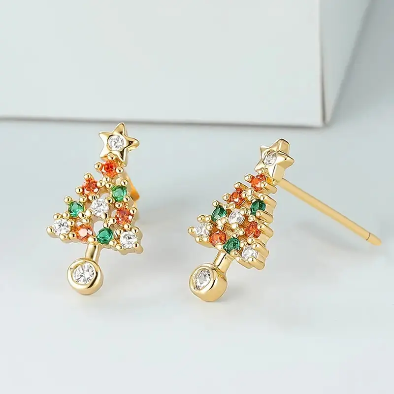Huitan Chic Bright Colorful Zirconia Stud Earrings Lady Dainty Christmas Tree Party Jewelry for Women Delicate Accessories Gift