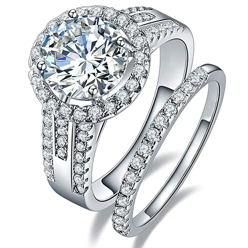 Huitan 2Pcs Set Cubic Zirconia Luxury Rings Wedding Accessories for Women Elegant Round CZ Brilliant Lady Eternity Trend Jewelry