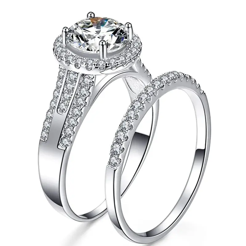 Huitan 2Pcs Set Cubic Zirconia Luxury Rings Wedding Accessories for Women Elegant Round CZ Brilliant Lady Eternity Trend Jewelry