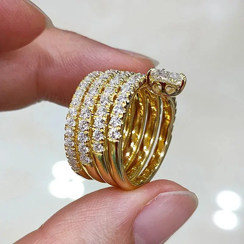 Huitan Luxury Gold Color Wide Ring Fashion Female Engagement Ceremony Party Accessories Gorgeous Bright Zirconia Finger Jewelry