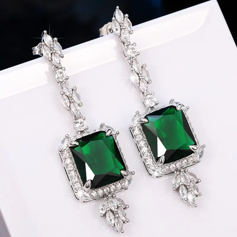 Huitan Full Bling Iced Out Big Green CZ Earrings for Women Luxury Aesthetic Bridal Wedding Party Hanging Earrings Trendy Jewelry