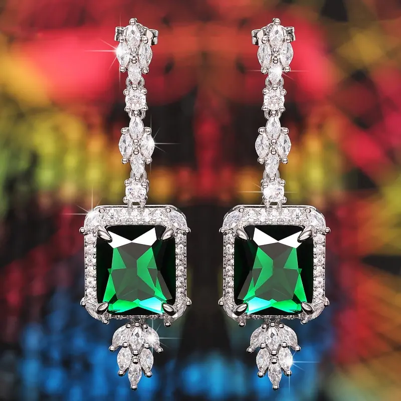 Huitan Full Bling Iced Out Big Green CZ Earrings for Women Luxury Aesthetic Bridal Wedding Party Hanging Earrings Trendy Jewelry