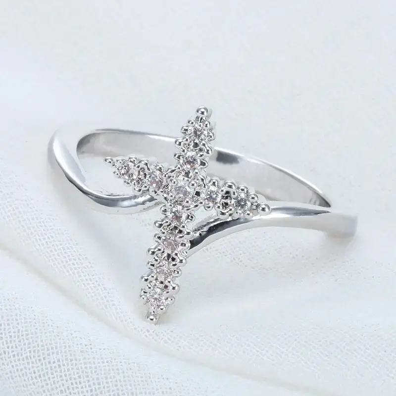 Huitan Trendy Cross Finger Ring for Women Inlay Dazzling Cubic Zirconia Modern Female Accessories Daily Wear Fashionable Jewelry