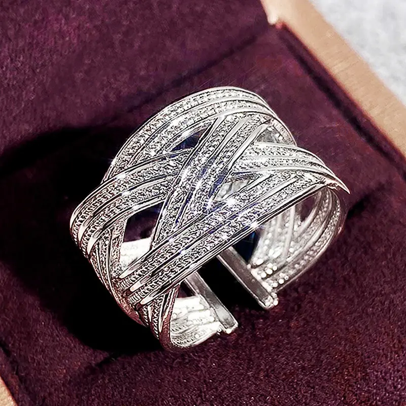 Huitan Metallic Style Wide Opening Rings for Women Silver Color Low-key Accessories for Daily Party Fashion Female Jewelry