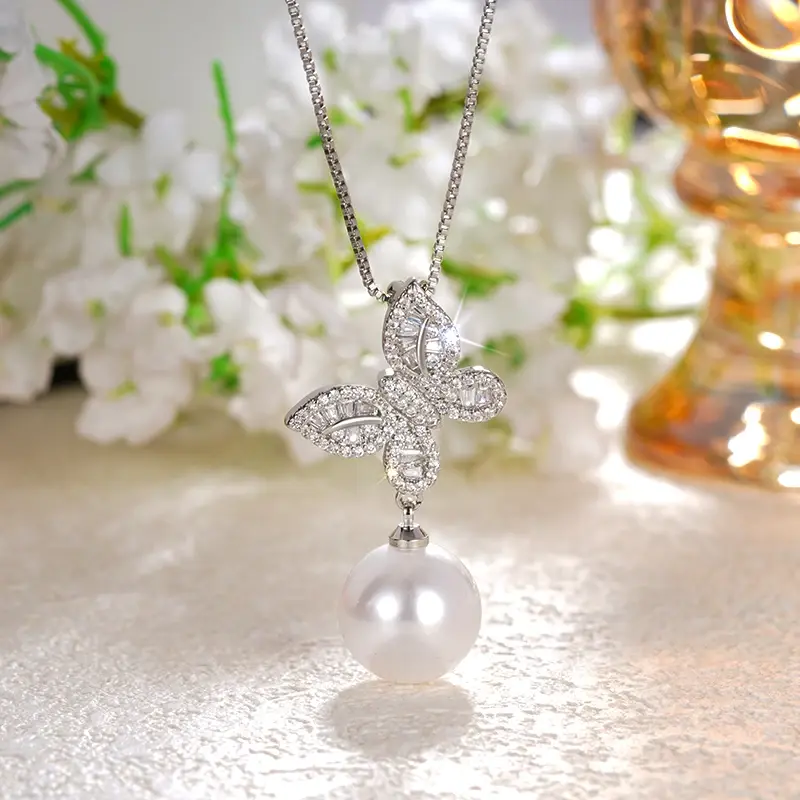 Huitan Delicate Butterfly Pendant Necklace for Women Graceful Simulated Pearl Accessories for Engagement Shiny Zirconia Jewelry