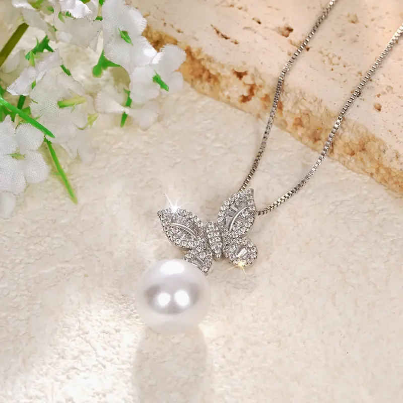 Huitan Delicate Butterfly Pendant Necklace for Women Graceful Simulated Pearl Accessories for Engagement Shiny Zirconia Jewelry