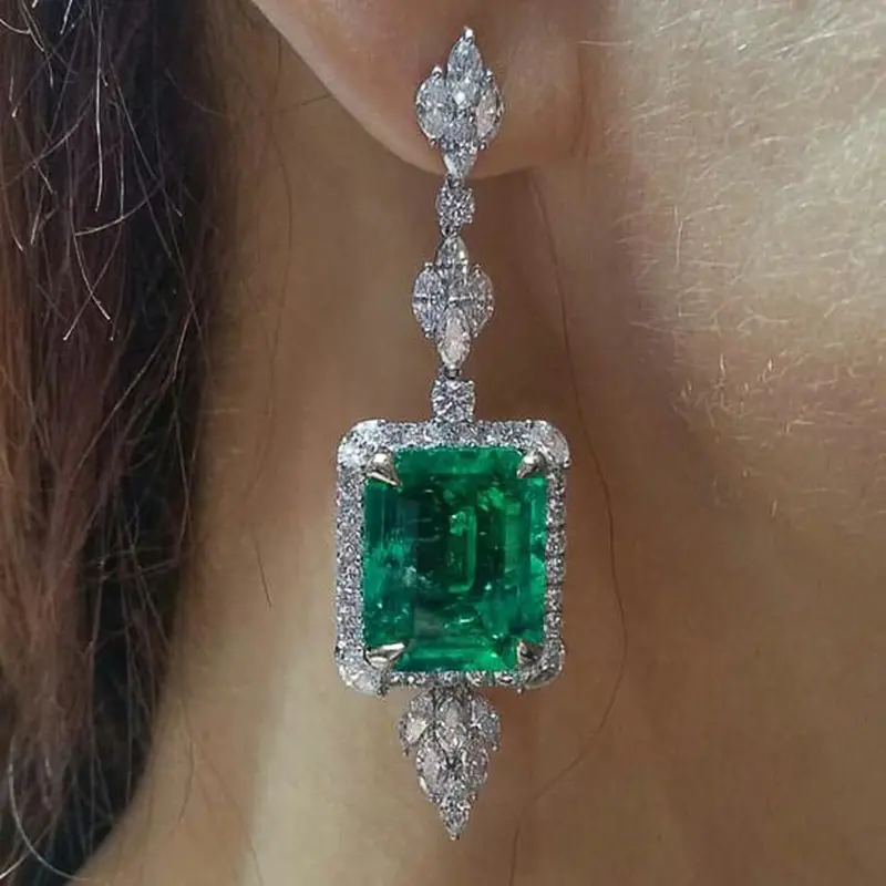 Huitan Full Bling Iced Out Big Green CZ Earrings for Women Luxury Aesthetic Bridal Wedding Party Hanging Earrings Trendy Jewelry