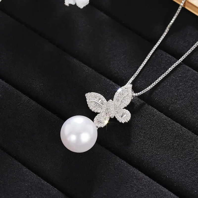 Huitan Delicate Butterfly Pendant Necklace for Women Graceful Simulated Pearl Accessories for Engagement Shiny Zirconia Jewelry
