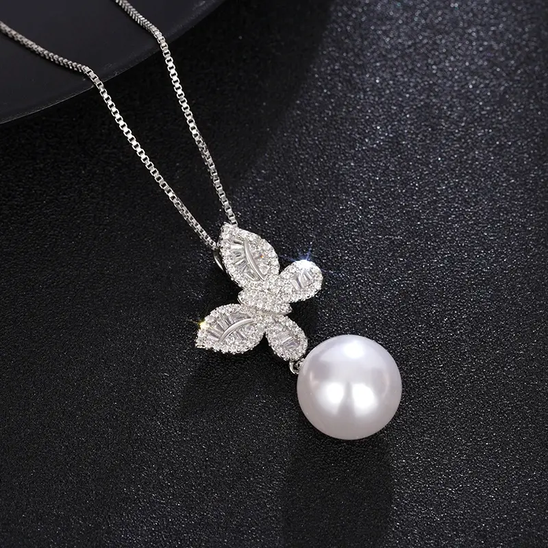 Huitan Delicate Butterfly Pendant Necklace for Women Graceful Simulated Pearl Accessories for Engagement Shiny Zirconia Jewelry