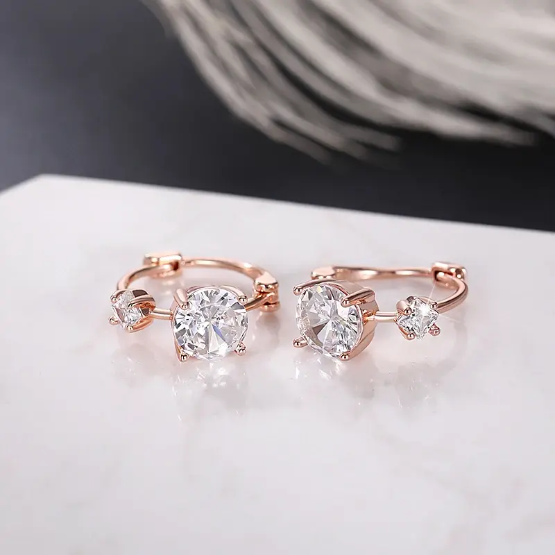 Huitan Chic Rose Gold Color Hoop Earrings for Women Bright Round Zirconia Accessories for Daily Life Graceful Jewelry for Female