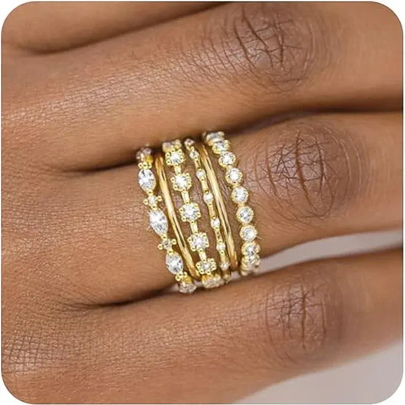 Huitan Luxury Fashion 6Pc/Set Rings Female Chic Delicate Finger Accessories Gold Color Bright Cubic Zirconia Jewelry for Party
