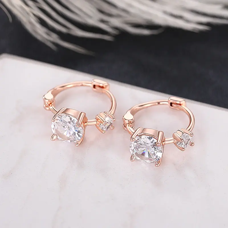 Huitan Chic Rose Gold Color Hoop Earrings for Women Bright Round Zirconia Accessories for Daily Life Graceful Jewelry for Female