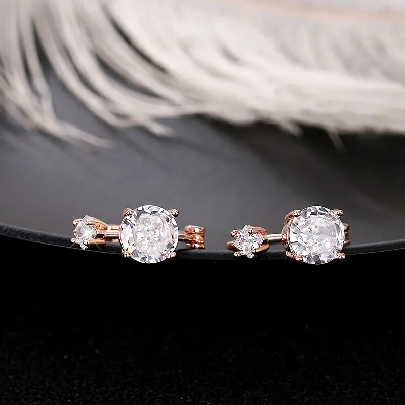 Huitan Chic Rose Gold Color Hoop Earrings for Women Bright Round Zirconia Accessories for Daily Life Graceful Jewelry for Female