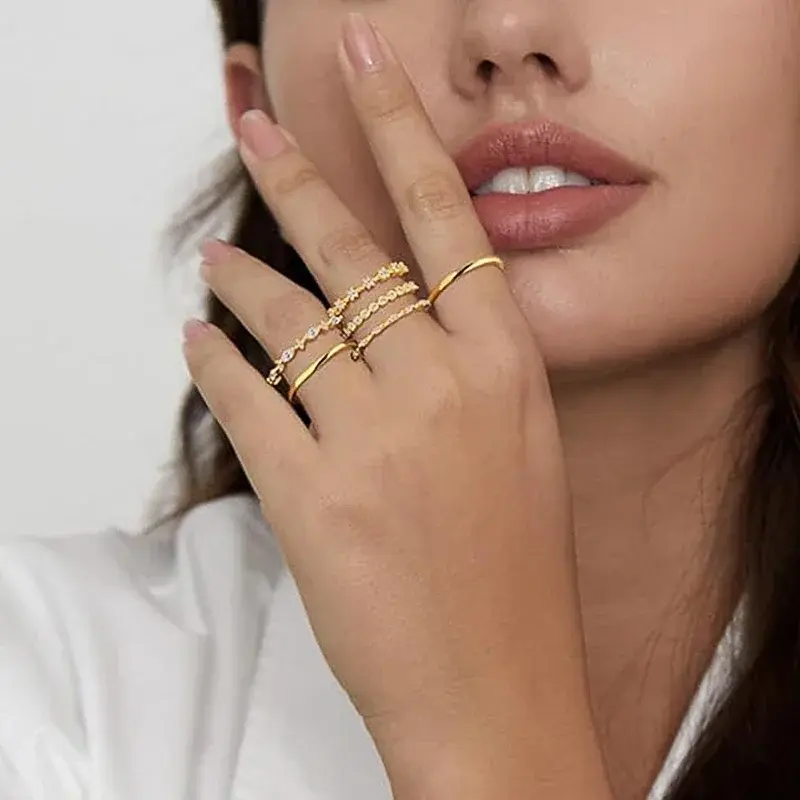 Huitan Luxury Fashion 6Pc/Set Rings Female Chic Delicate Finger Accessories Gold Color Bright Cubic Zirconia Jewelry for Party