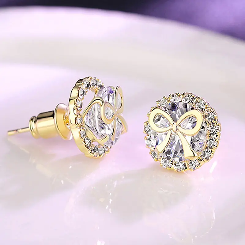 Huitan Bowknot Stud Earrings Gold Color Trendy Luxury Women Earrings Daily Wear Party Exquisite Accessories Statement Jewelry