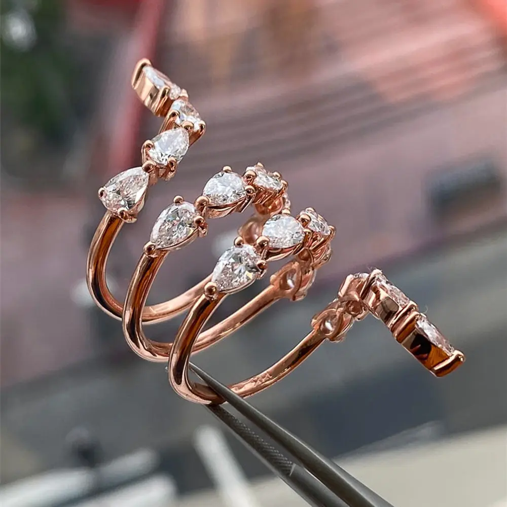 Huitan Luxury Rose Gold Color with Water Drop Zircon Snake Shape Women Ring Delicate Anniversary Gift Stylish Girl Opening Rings