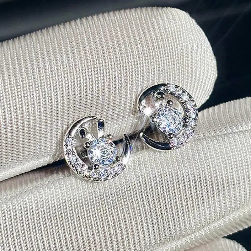 Huitan Chic Shiny Zirconia Stud Earrings Female Rabbit Moon Design Accessories Graceful Women Teen Girls Daily Wearable Jewelry