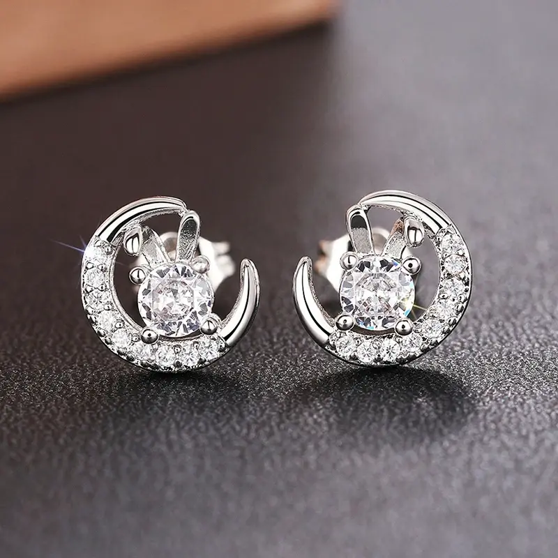 Huitan Chic Shiny Zirconia Stud Earrings Female Rabbit Moon Design Accessories Graceful Women Teen Girls Daily Wearable Jewelry