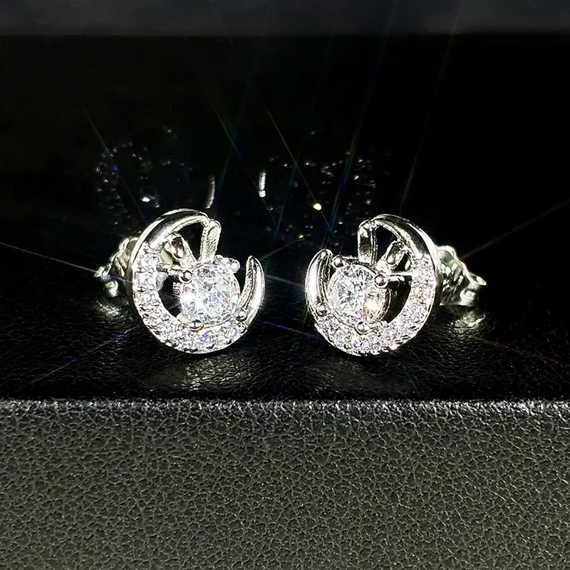 Huitan Chic Shiny Zirconia Stud Earrings Female Rabbit Moon Design Accessories Graceful Women Teen Girls Daily Wearable Jewelry