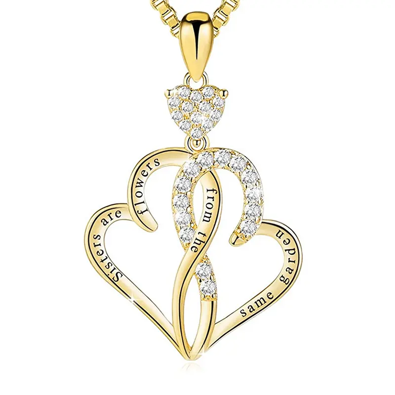 Huitan Double Hearts Pendant Necklace for Sisters Friends Luxury Trendy Cubic Zirconia Gold Color Necklace Love Gift Jewelry