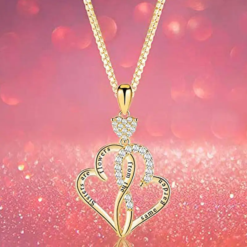 Huitan Double Hearts Pendant Necklace for Sisters Friends Luxury Trendy Cubic Zirconia Gold Color Necklace Love Gift Jewelry