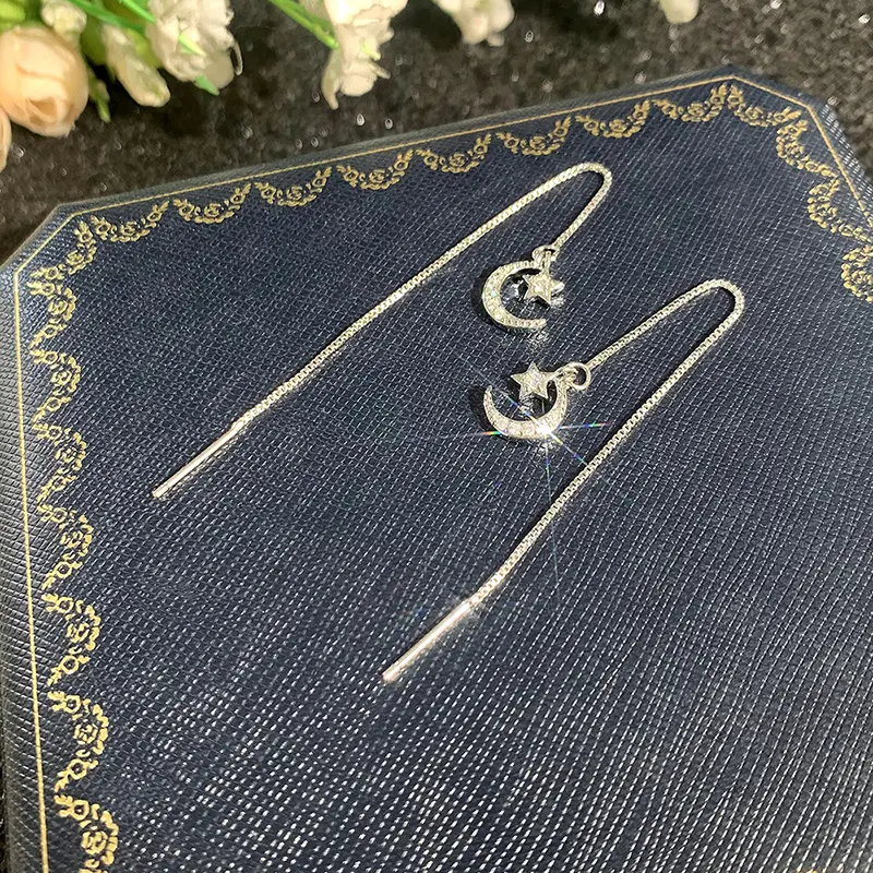Huitan Sweet Moon and Star Long Wire Earrings for Women Simple Stylish Hanging Earrings Romantic Girls Accessory Fashion Jewelry