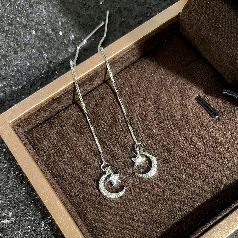 Huitan Sweet Moon and Star Long Wire Earrings for Women Simple Stylish Hanging Earrings Romantic Girls Accessory Fashion Jewelry