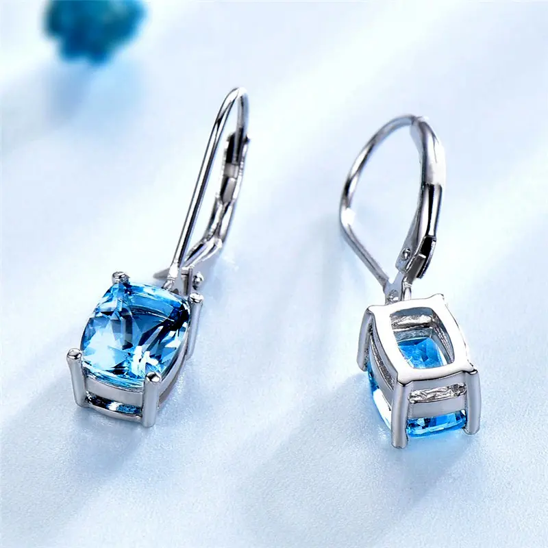 Huitan Luxury Solitaire Female Earrings Sky Blue Cubic Zirconia Simple and Elegant Women Accessories Silver Color Trendy Jewelry