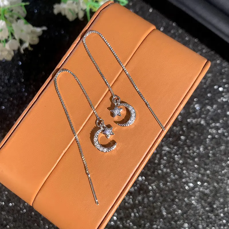 Huitan Sweet Moon and Star Long Wire Earrings for Women Simple Stylish Hanging Earrings Romantic Girls Accessory Fashion Jewelry